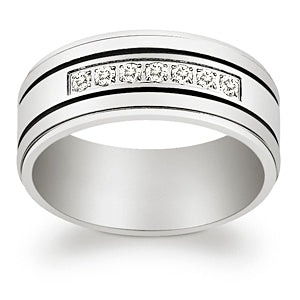 Titanium & CZ Engraved Grooved Band Ring