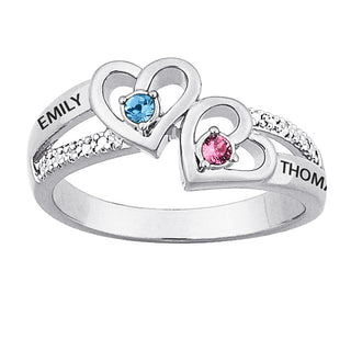 Sterling Silver Couples Genuine Birthstone & Diamond Name Ring