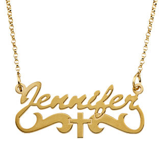 14K Gold over Sterling Name Necklace with Cross Tail