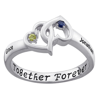 Sterling Silver Couple's Entwined Hearts Birthstone & Name Ring