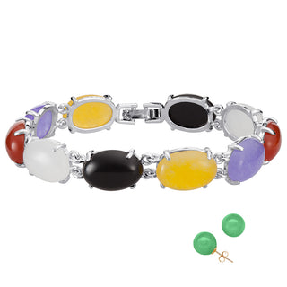 Multicolor Genuine Jade 7.5" Bracelet with Jade Earrings