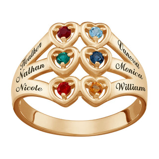 18K Gold over Sterling Family Birthstone Hearts Name Ring