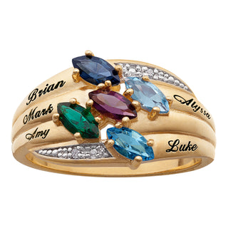 18K Gold Over Sterling Marquise Birthstone & Name Family Ring With Diamond Accent