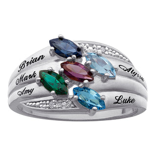 Sterling Silver Marquise Birthstone & Name Family Ring With Diamond Accent