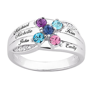 Sterling Silver Family Name & Birthstone Ring with Diamond Accent
