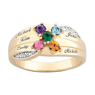 18K Gold over Sterling Family Name & Birthstone Ring with Diamond Accent