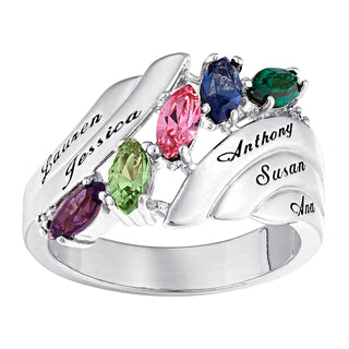 Silver Plated Family Marquise Birthstone Name Ring with Diamond Accent