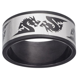 Mens Black Stainless Steel Dragon Band Ring