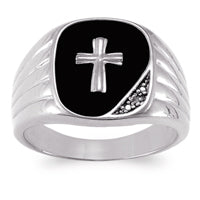 Men's Sterling Silver Genuine Black Onyx & Diamond Cross Ring