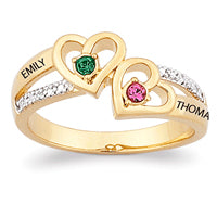 14K Gold over Sterling Couples Genuine Birthstone Hearts Name Ring with Diamond