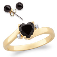14K Gold Plated Onyx Heart Ring & CZ Accent with Onyx Earrings