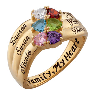 18K Gold Over Sterling Heart-Shaped Birthstone & Name Family Ring
