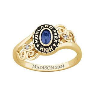 Ladies Gold CELEBRIUM Traditional Oval Birthstone and Diamond Swirl Class Ring