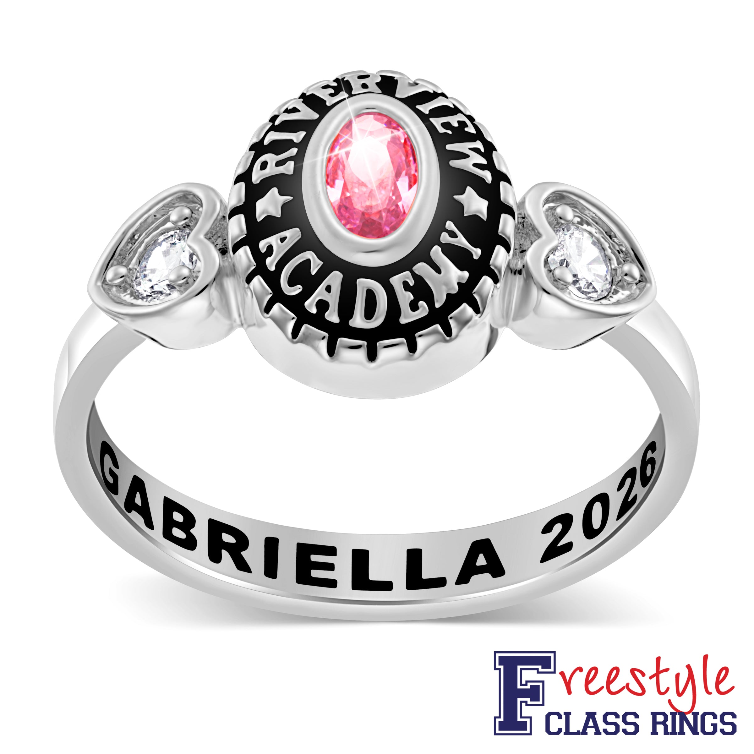 Ladies Sterling Silver Traditional Oval Stone & CZ Heart Class Ring ...