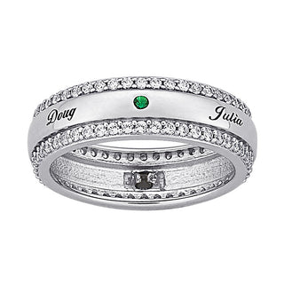 Sterling Silver Mother's Name & Birthstone Band with CZ Edging