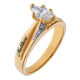 10K Yellow Gold Marquise CZ & Diamond Engraved Name Wedding Ring