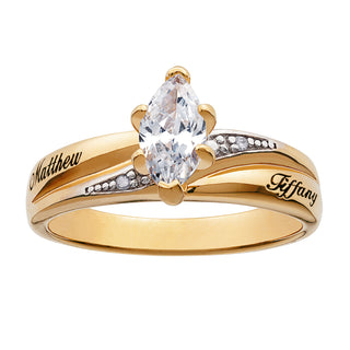 10K Yellow Gold Marquise CZ & Diamond Engraved Name Wedding Ring