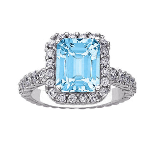 Sterling Silver Genuine Emerald-cut Blue Topaz & CZ Surround Ring