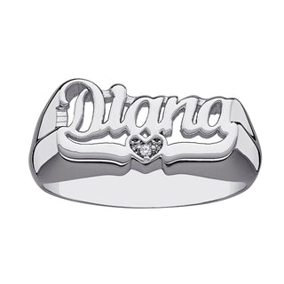 Ladies Sterling Silver Name Ring with Swirly Tail and Diamond accented Heart