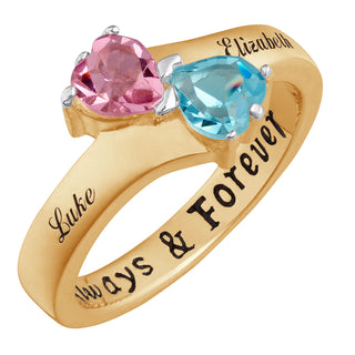 14K Gold over Sterling Couple's Name & Birthstone Hearts Ring