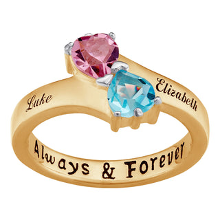 14K Gold over Sterling Couple's Name & Birthstone Hearts Ring