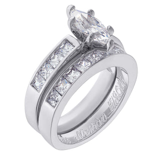Sterling Silver Marquise CZ 2-Piece Engraved Wedding Ring Set