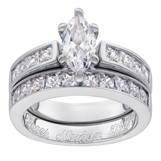 Sterling Silver Marquise CZ 2-Piece Engraved Wedding Ring Set