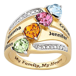 Mother's My Family My Heart Name & Birthstone Heart Genuine Diamond Ring