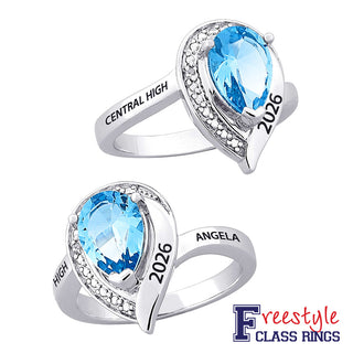 Women's Sterling Silver Pear Birthstone & Diamond Class Ring