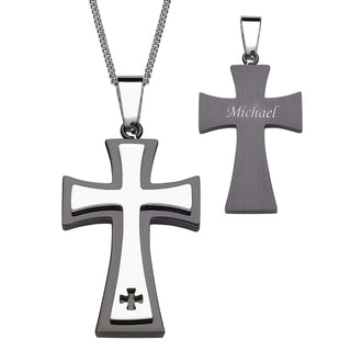 Black Stainless Steel Two-Tone Engraved Name Cross Necklace