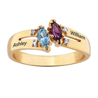 14K Gold over Sterling Couples Marquise Birthstone & Name Diamond Ring