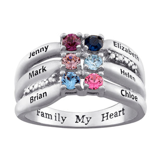 Family Birthstone and Name Ring with Diamond Accents