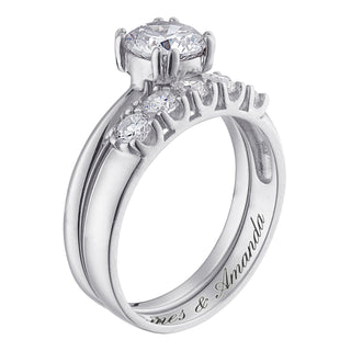 Sterling Silver CZ 2-Piece Engraved Wedding Ring Set