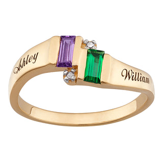 18K Gold over Sterling Couple's Emerald-Cut Birthstone Name Ring with Diamond Accent