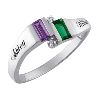 Sterling Silver Couples Emerald-cut Birthstone Name Ring with Diamond Accent