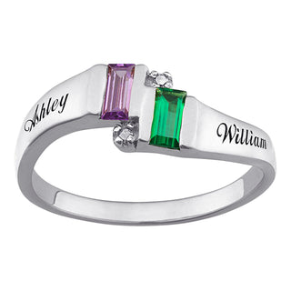 Sterling Silver Couples Emerald-cut Birthstone Name Ring with Diamond Accent