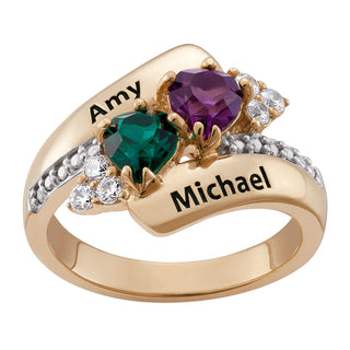 14K Gold over Sterling Couples Crystal Heart Name and Birthstone Ring