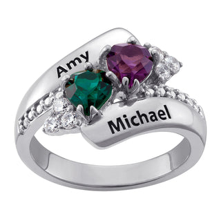 Sterling Silver Couples Crystal Heart Name and Birthstone Ring