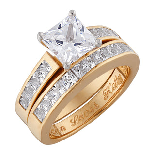 14K Gold Over Sterling Two-Piece Square CZ Engraved Wedding Ring Set