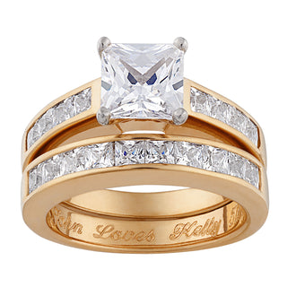 14K Gold Over Sterling Two-Piece Square CZ Engraved Wedding Ring Set