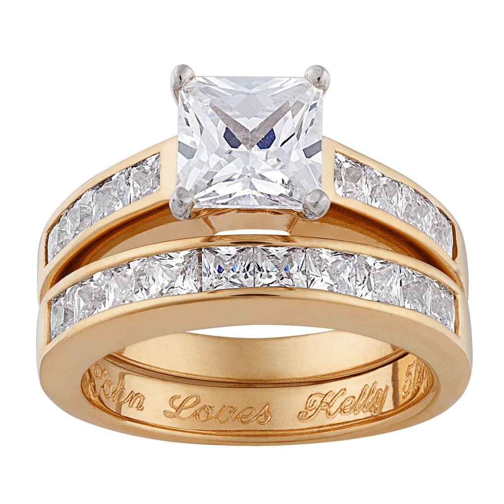 Gold over Sterling Square CZ 2 Piece Engraved Wedding Ring Set ...