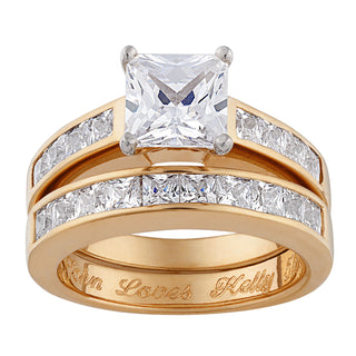 14K Gold over Sterling Square CZ 2 Piece Engraved Wedding Ring Set