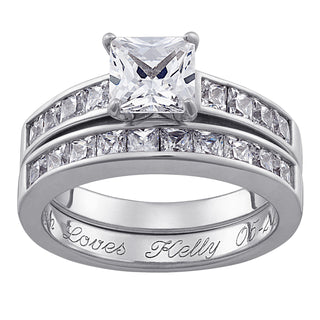 Sterling Silver Square CZ 2-PC Engraved Wedding Ring Set
