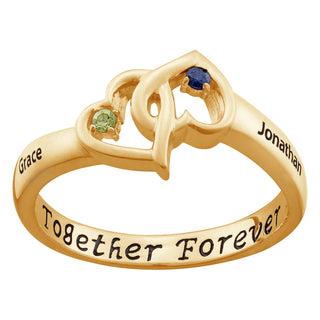 14K Gold over Sterling Couples Entwined Hearts Name and Birthstone Ring