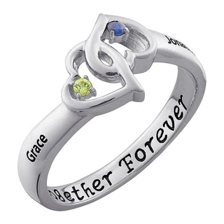 Sterling Silver Couples Intertwined Genuine Birthstone Hearts Name Ring