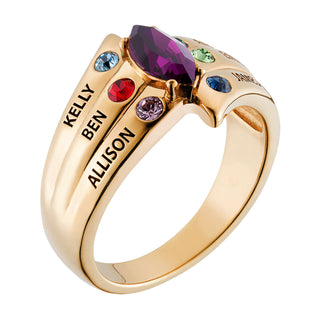 14K Gold over Sterling Mother's Marquise Birthstone Family Name Ring