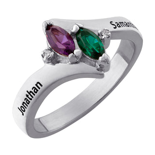 Sterling Silver Couple's Marquise Birthstone Name & Diamond Ring