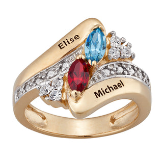 14K Gold over Sterling Couple's Crystal Marquise Birthstone & Name Ring