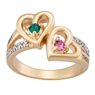 14K Gold over Sterling Couples Birthstone Hearts Name Ring with Diamond