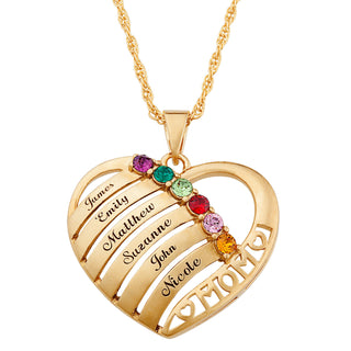 Engraved Heart Family Birthstone Necklace for Mom